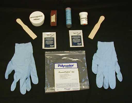 The PowerPatch® Transformer Leak Repair Kit is deployed. Gloves are included for safety and cleanliness.