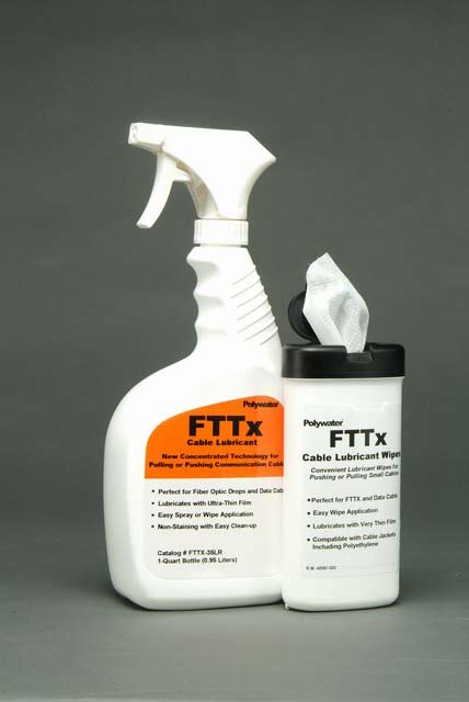 The Polywater® FTTx Fiber Lubricant quart spray bottle, catalog #FTTx-35LR, 20-count wipes canister, catalog #FTTx-D20, makes the installation of fiber drops easy. The lubricant is concentrated, only a thin film is required for immediate tension reduction that lasts even as the lubricant dries. Spray the cable or conduit. Quick and easy to use without mess or excess lubricant.