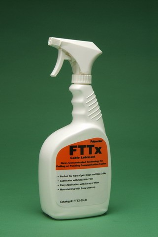 The Polywater® FTTx Fiber Lubricant quart spray bottle, catalog #FTTx-35LR, makes the installation of fiber drops easy. The lubricant is concentrated, only a thin film is required for immediate tension reduction that lasts even as the lubricant dries. Spray the cable or conduit. Quick and easy to use without mess or excess lubricant.